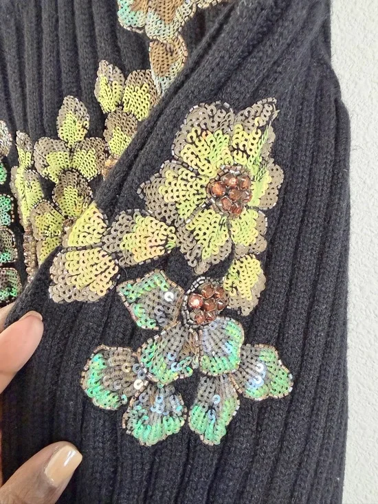 Zara Limited Edition Sequin Sweater Size S Black Ribbed Knit Beaded Floral - Picture 9 of 13